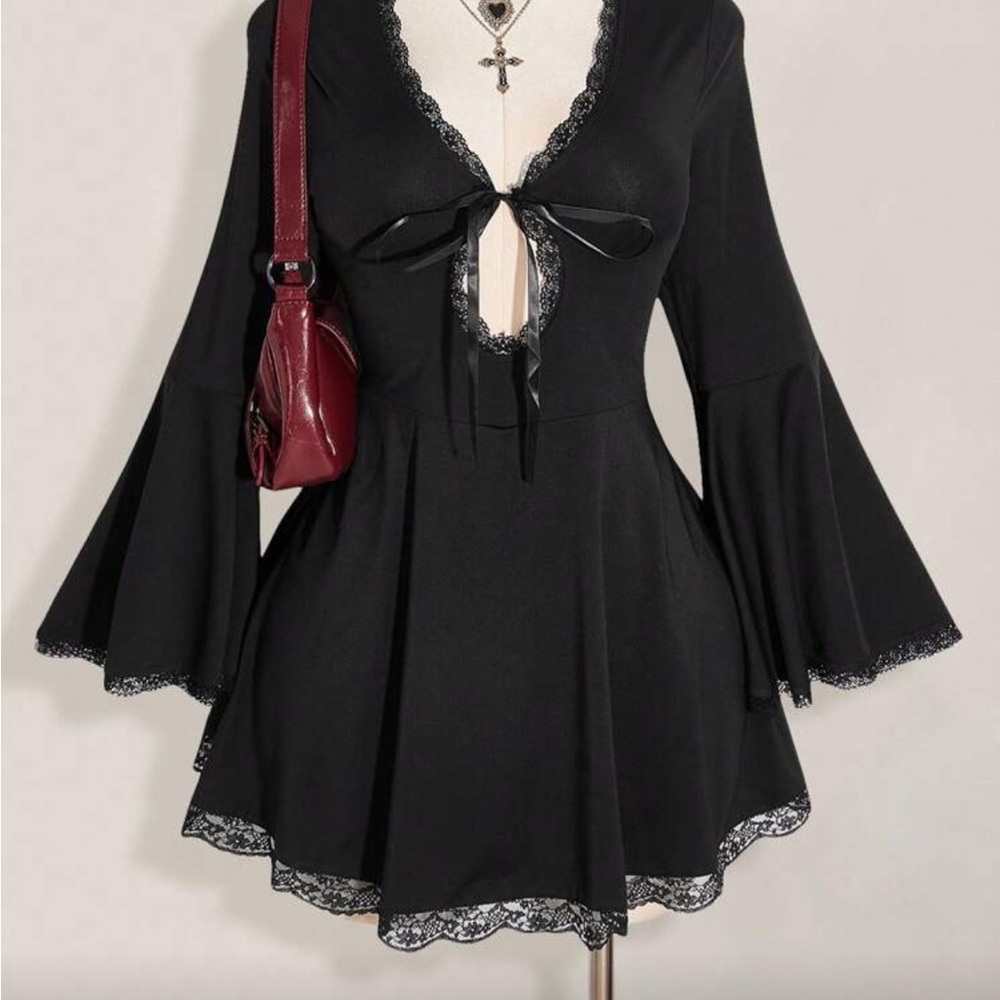 Black Flared Sleeve Dress with Lace Trim